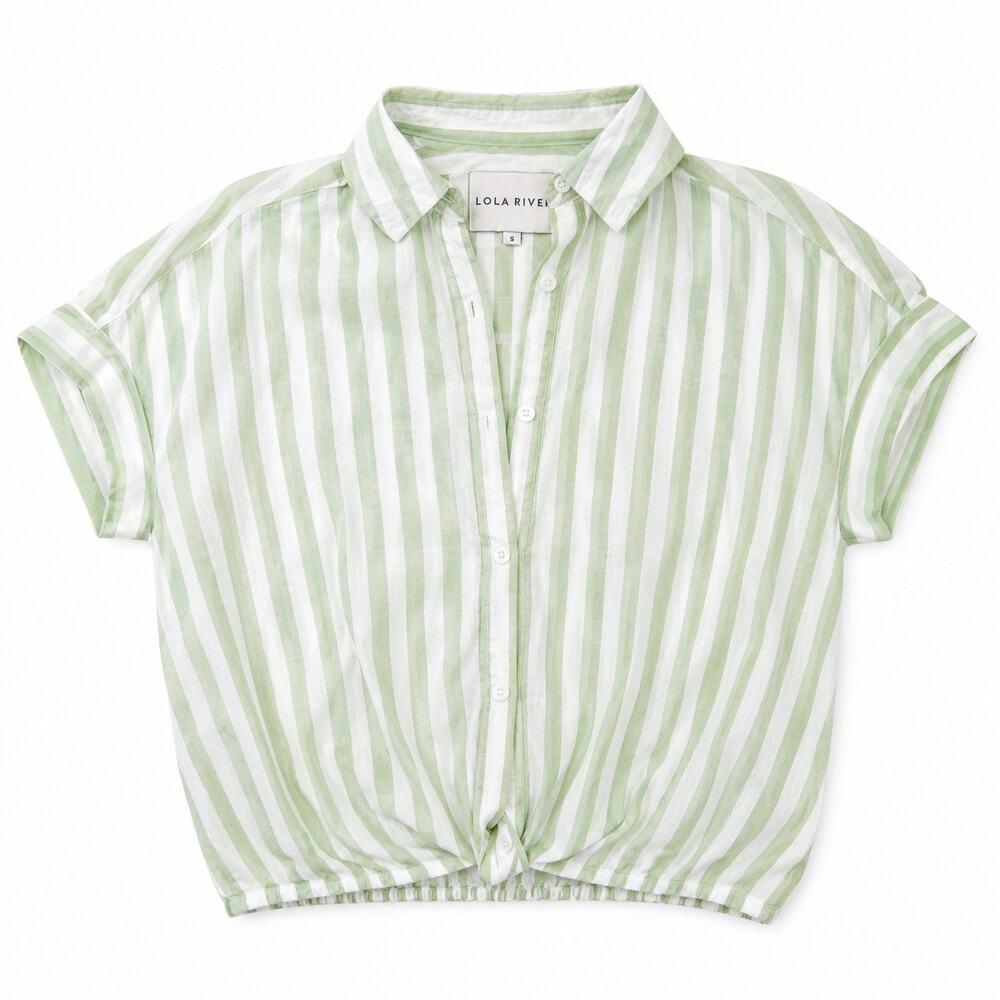 Lola River Linen Tencel Striped Button Front Shirt Mint Green White Size S